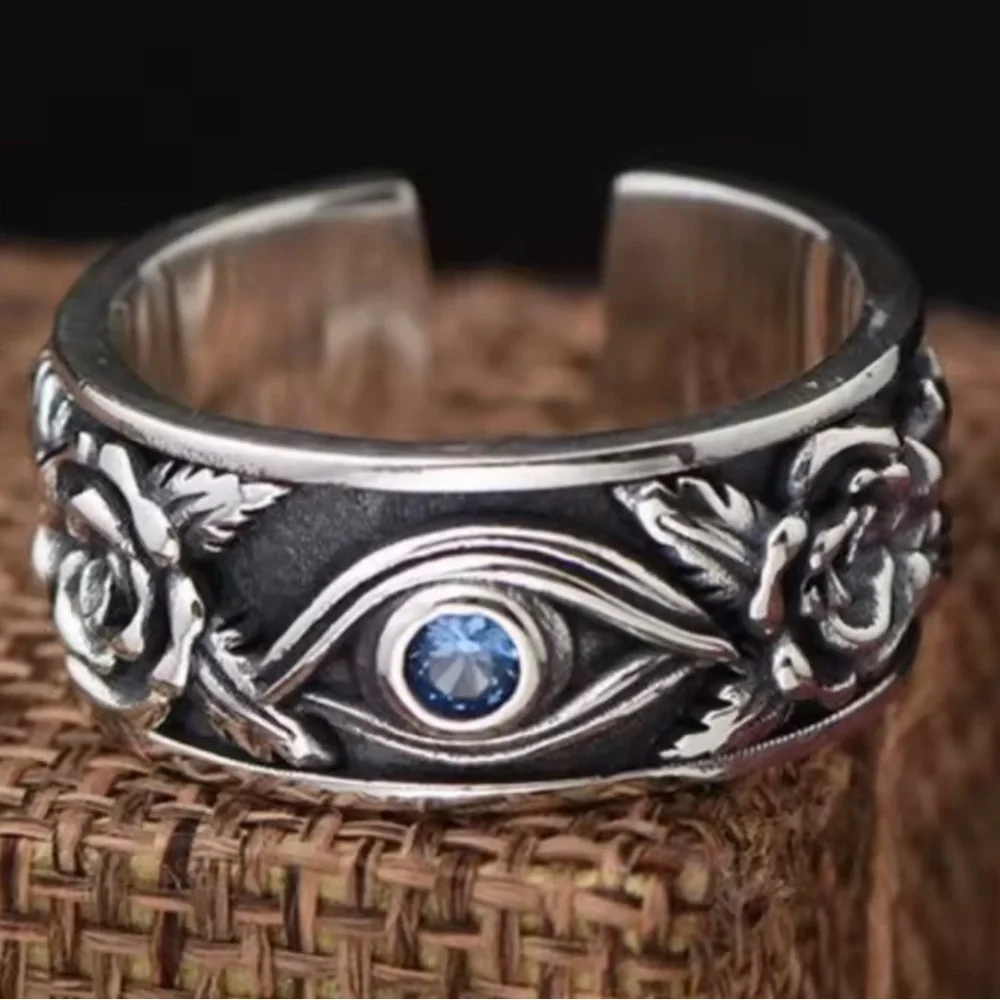Sterling Silver Blue Eye Floral Adjustable Ring